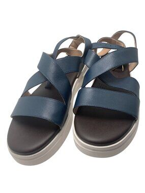 Cole Haan Womens Navy Leather Platform Sandals With Adjustable Straps & White So
